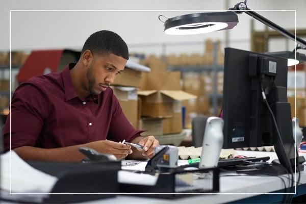 Man sitting at a desk in front of two computers